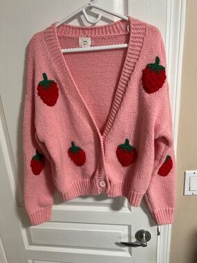 Luna Ivy Pink Strawberry Appliqué V-Neck Cardigan Sweater